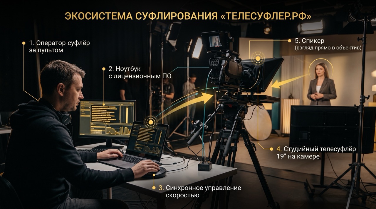 Работа профессионального оператора телесуфлера на съемках в Москве
